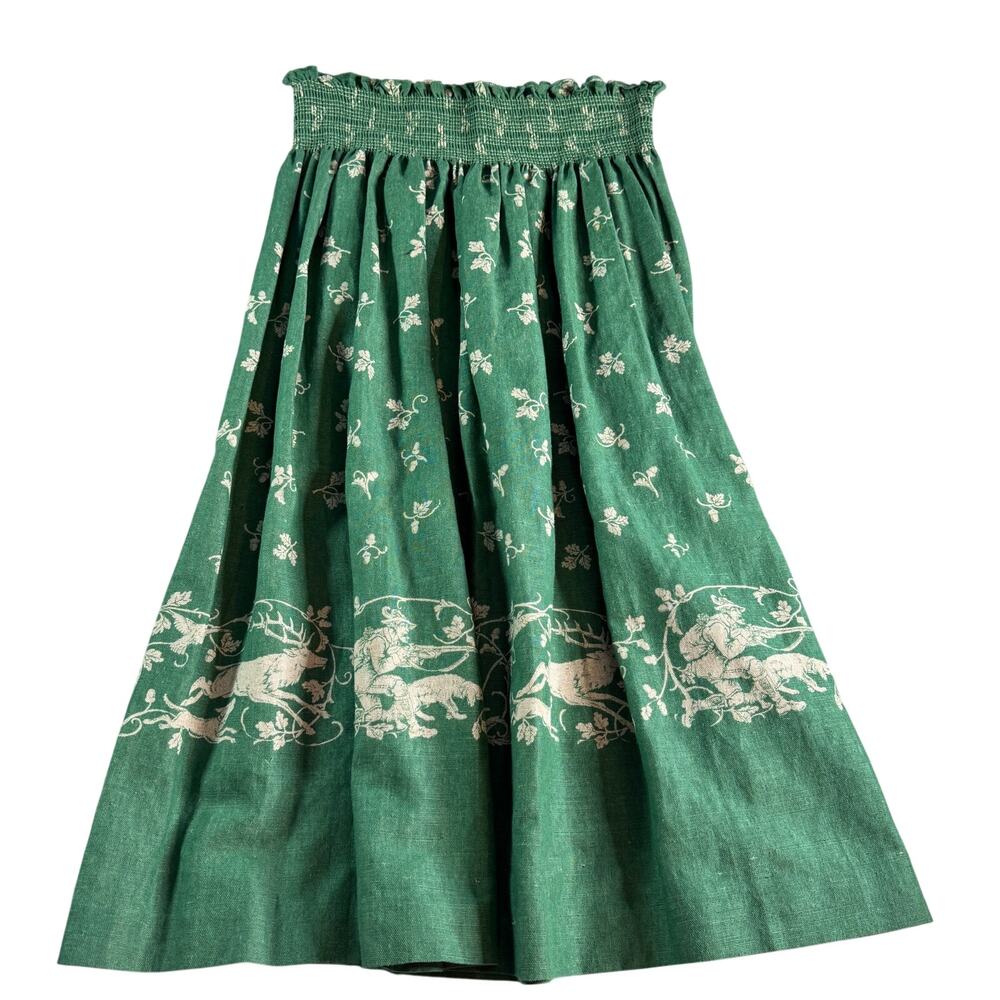 Vintage Cullinane 100% Linen Smocked Midi Skirt Green Hunting Toile USA 10